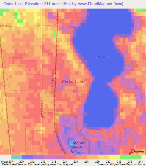 Cedar Lake,US Elevation Map