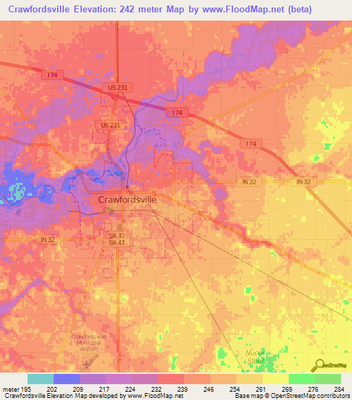 Crawfordsville,US Elevation Map