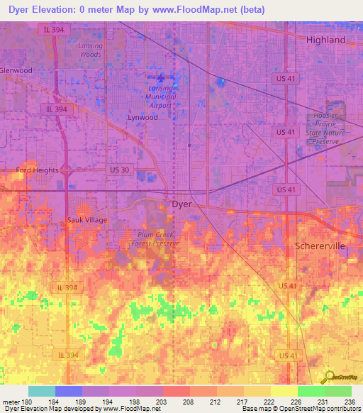 Dyer,US Elevation Map