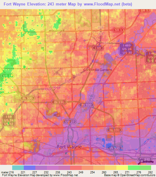 Fort Wayne,US Elevation Map