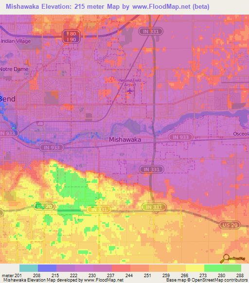 Mishawaka,US Elevation Map