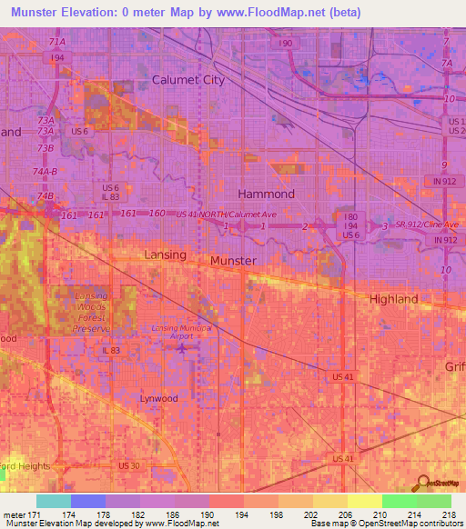 Munster,US Elevation Map