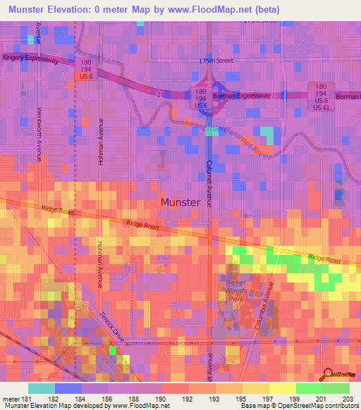 Munster,US Elevation Map