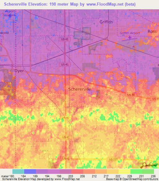 Schererville,US Elevation Map