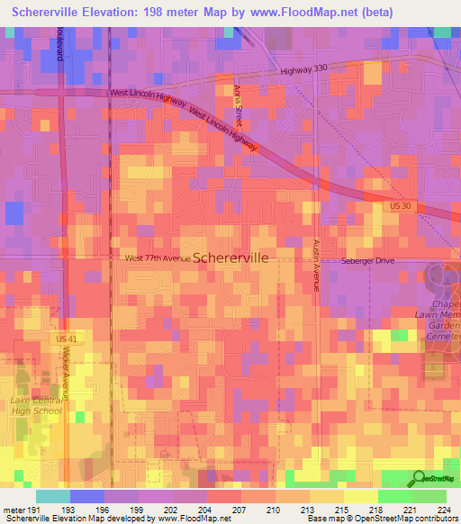 Schererville,US Elevation Map