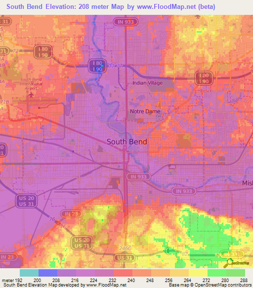 South Bend,US Elevation Map