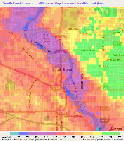 South Bend,US Elevation Map