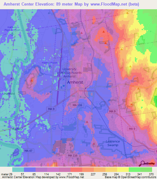 Amherst Center,US Elevation Map