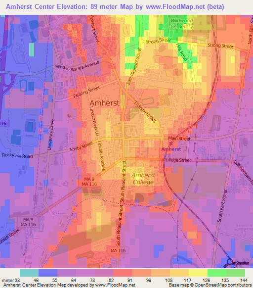 Amherst Center,US Elevation Map