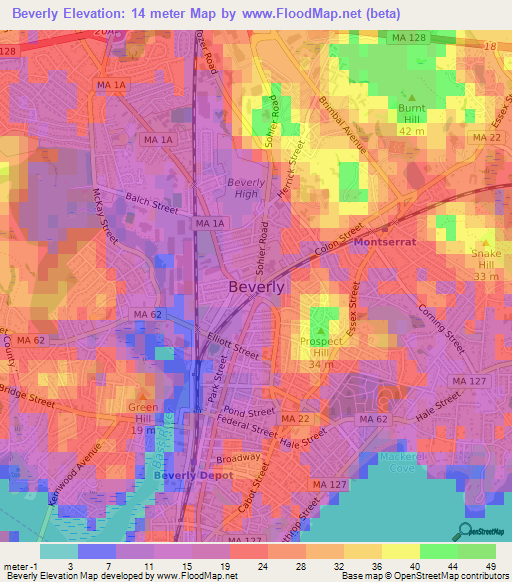 Beverly,US Elevation Map