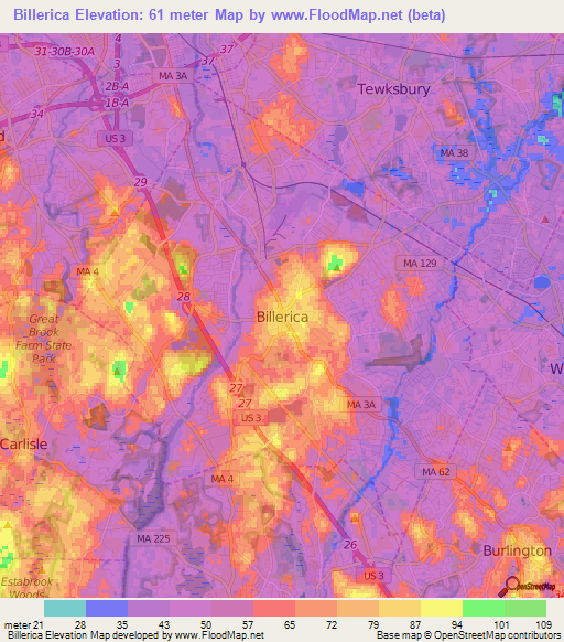 Billerica,US Elevation Map