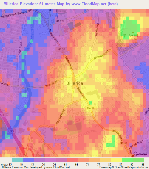 Billerica,US Elevation Map