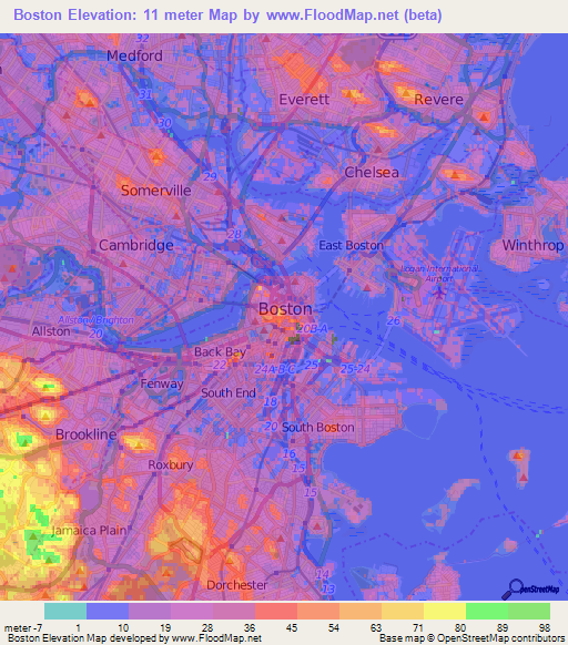 Boston,US Elevation Map