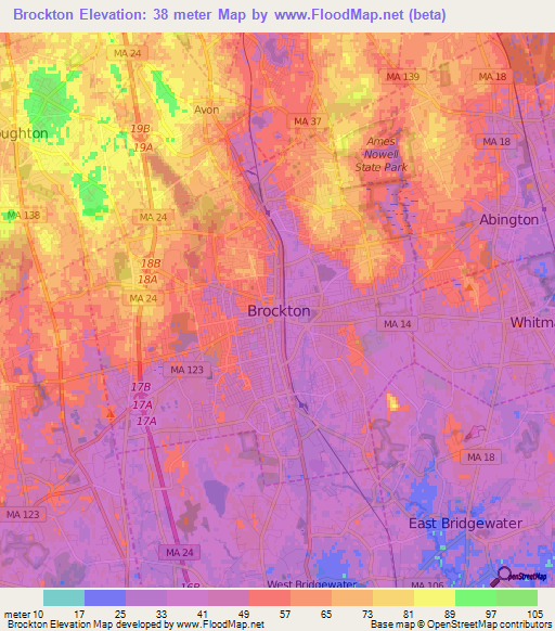 Brockton,US Elevation Map