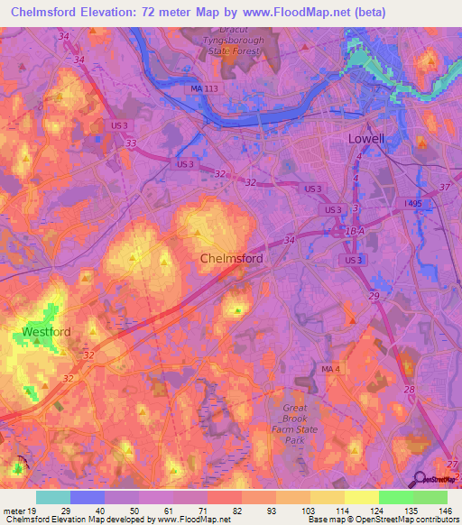 Chelmsford,US Elevation Map