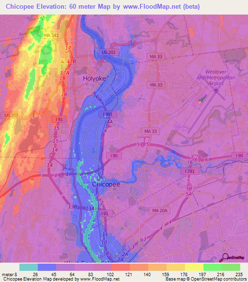 Chicopee,US Elevation Map