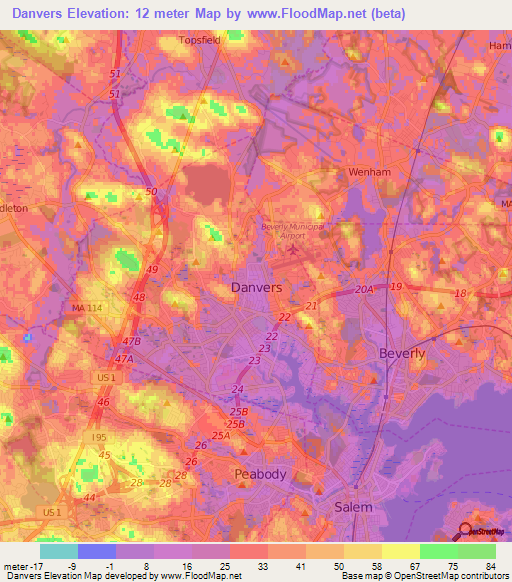 Danvers,US Elevation Map