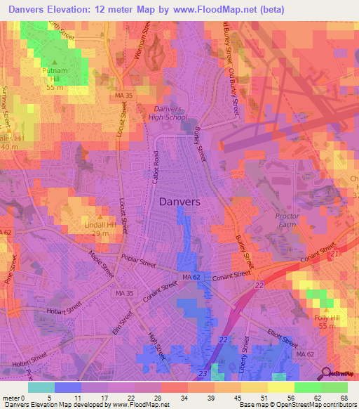 Danvers,US Elevation Map