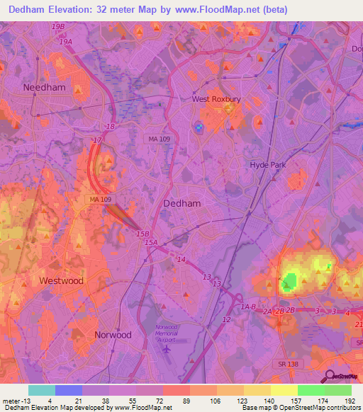 Dedham,US Elevation Map