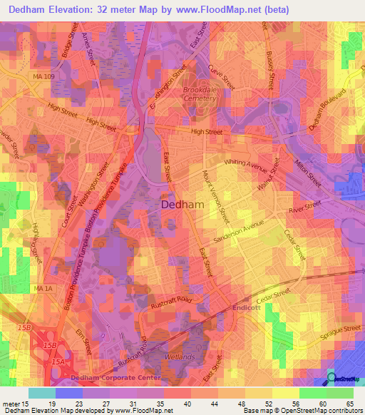 Dedham,US Elevation Map