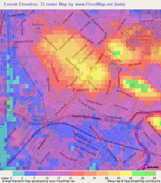 Everett,US Elevation Map