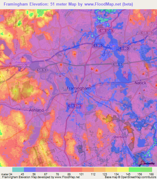 Framingham,US Elevation Map