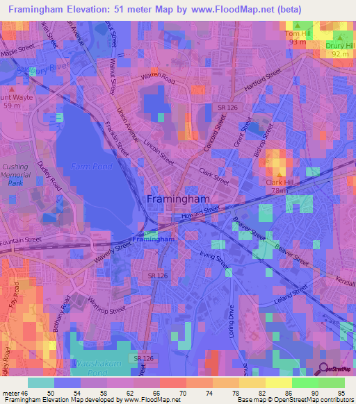 Framingham,US Elevation Map