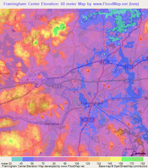 Framingham Center,US Elevation Map