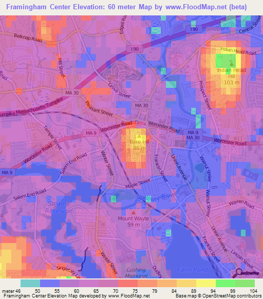 Framingham Center,US Elevation Map