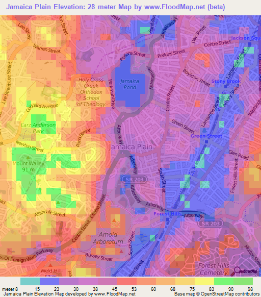 Jamaica Plain,US Elevation Map