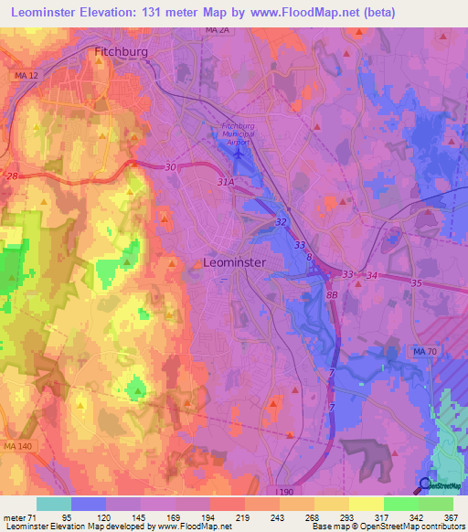 Leominster,US Elevation Map