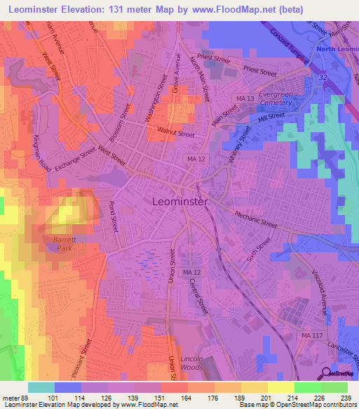 Leominster,US Elevation Map