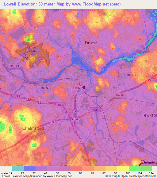 Lowell,US Elevation Map