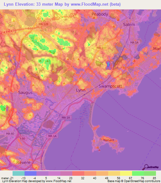 Lynn,US Elevation Map