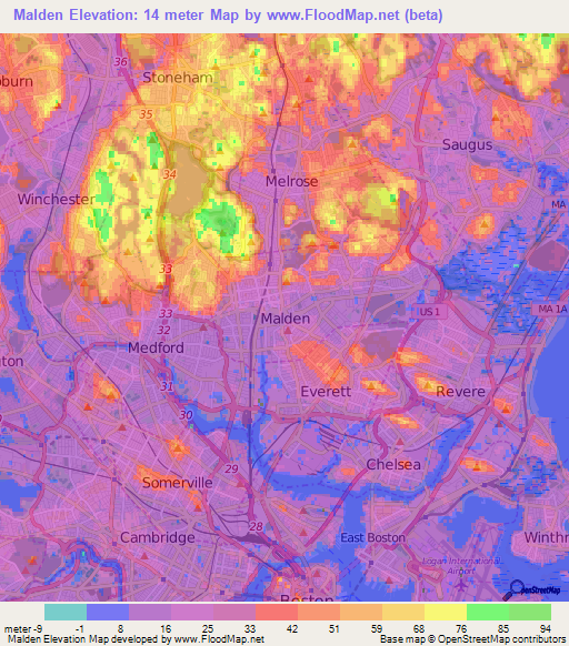 Malden,US Elevation Map