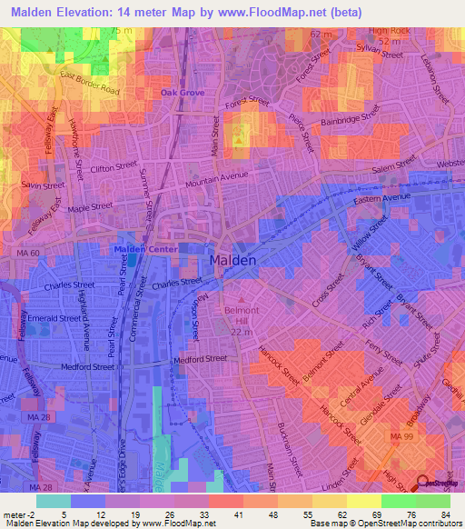 Malden,US Elevation Map