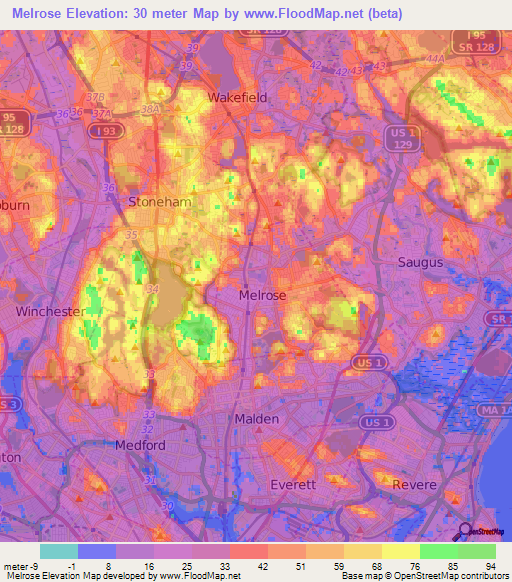 Melrose,US Elevation Map