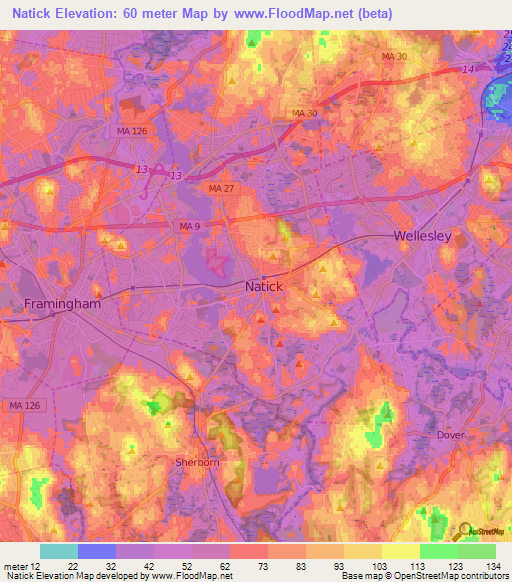 Natick,US Elevation Map