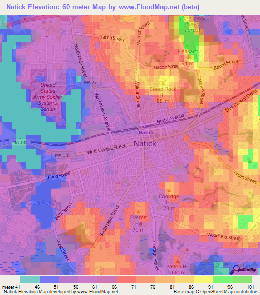 Natick,US Elevation Map