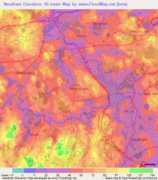 Needham,US Elevation Map