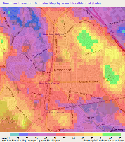 Needham,US Elevation Map