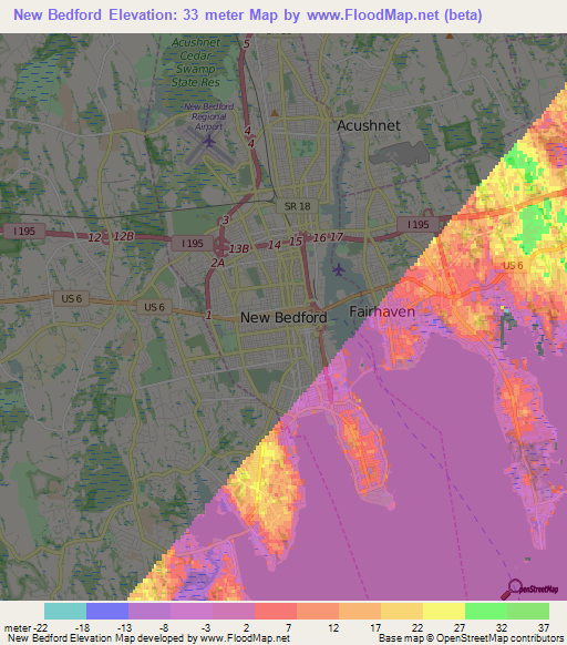 New Bedford,US Elevation Map