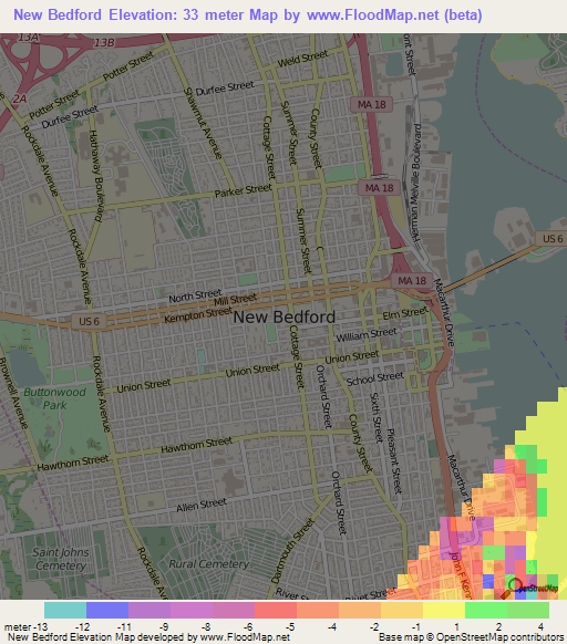 New Bedford,US Elevation Map