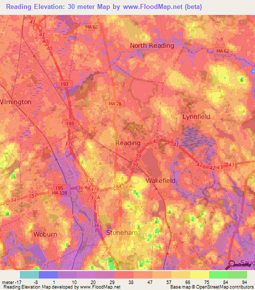 Reading,US Elevation Map