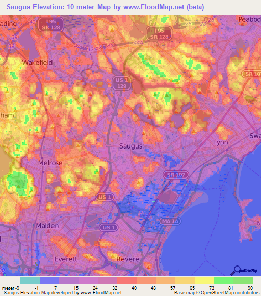 Saugus,US Elevation Map