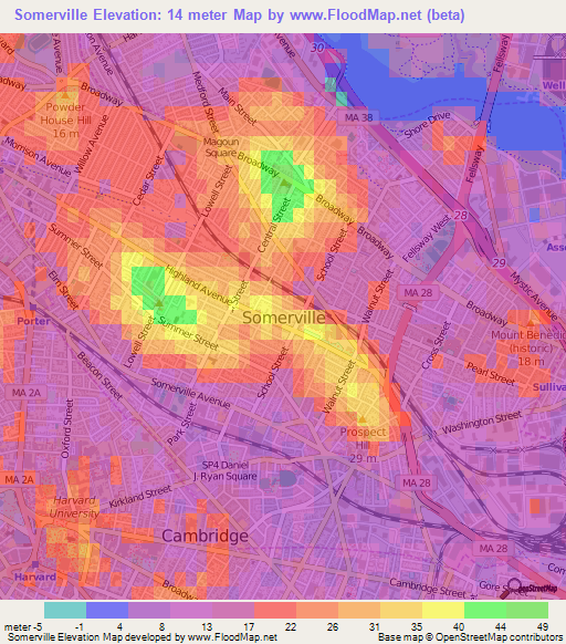 Somerville,US Elevation Map