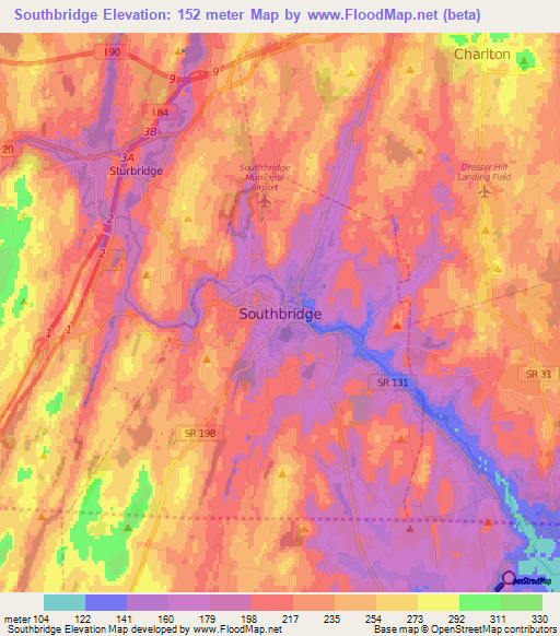 Southbridge,US Elevation Map