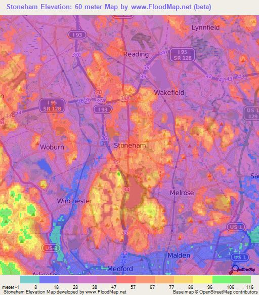 Stoneham,US Elevation Map