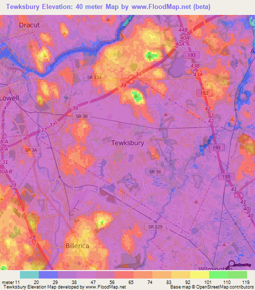 Tewksbury,US Elevation Map