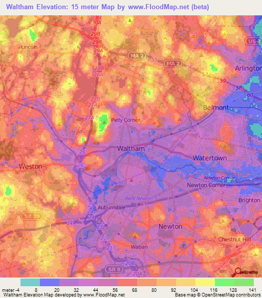 Waltham,US Elevation Map